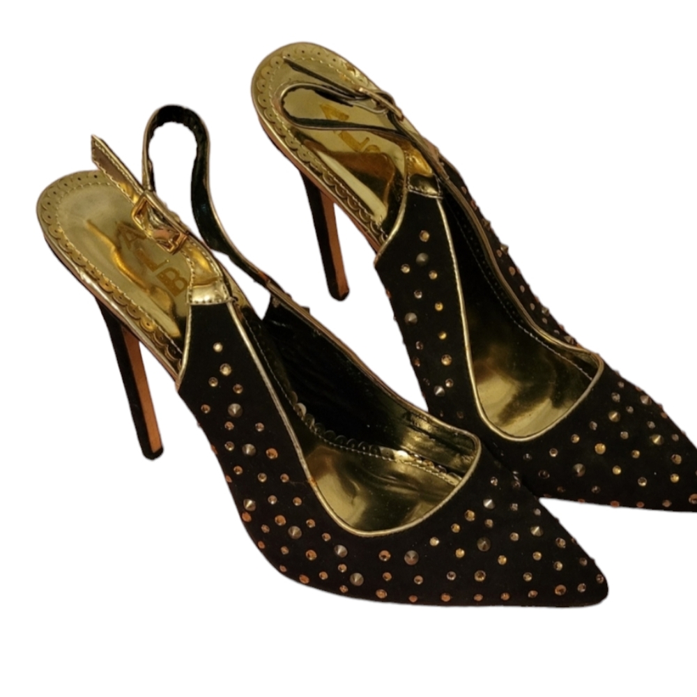 Ladies Alba Size 10 strappy black and gold studded stilettos heels